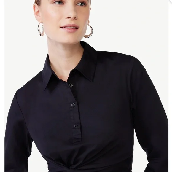 Poplin side knot midi long sleeve shirt dress - Picture 4 of 7